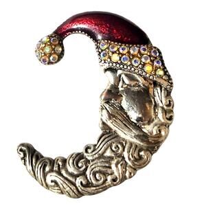 Vtg TC Tanya Creations Pewter Enamel Rhinestone Santa Crescent Moon Pin Brooch